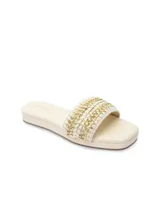 Coral Haze Women Gold-Toned & Off-White Embellished Open Toe Flats