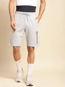 United Colors of Benetton Men Grey Melange Brand Logo Printed Shorts