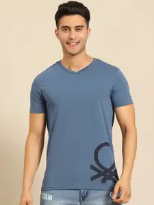 United Colors of Benetton Men Blue Brand Logo Printed T-shirt