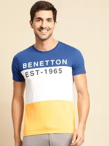 United Colors of Benetton Men Blue & White Brand Logo Colourblocked T-shirt