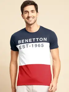 United Colors of Benetton Men Navy Blue & White Brand Logo Colourblocked T-shirt