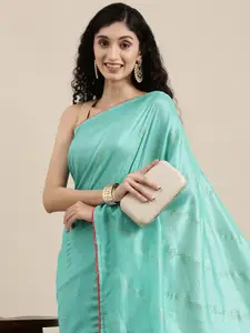 Mitera Blue & Gold-Toned Striped Gotta Patti Pure Chiffon Celebrity Saree
