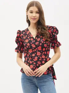 Harpa Black Floral Print Crepe Shirt Style Top