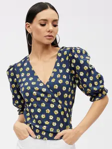 Harpa Navy Blue & Yellow Floral Print Wrap Top