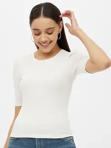 Harpa Women White Solid Round Neck Fitted Top