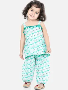 BownBee Girls Green Floral Printed Pure Cotton Top with Dhoti Pants