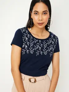 max Women Navy Blue Floral Printed Pure Cotton T-shirt
