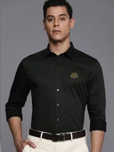 Louis Philippe Gods & Kings Men Black Blue Brand Logo Embroidered Slim Fit Giza Cotton Formal Shirt