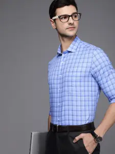 Louis Philippe Men Blue Slim Fit Checked Opaque Premium Cotton Formal Shirt with Pocket