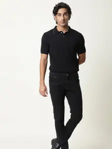 RARE RABBIT Men Black Polo Collar Pure Cotton Slim Fit T-shirt