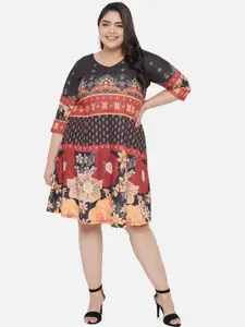 Amydus Women Plus Size Black Floral Printed A-Line Dress