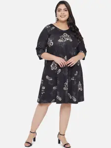 Amydus Women Plus Size Black Floral A-Line Dress