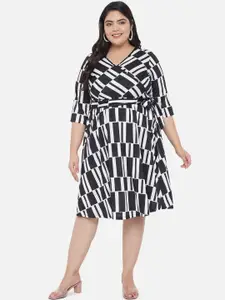 Amydus Women Plus Size Black & White Geometric Printed Dress