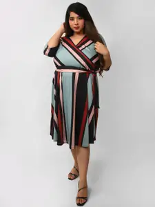 Amydus Women Plus Size Blue Striped Wrap Dress
