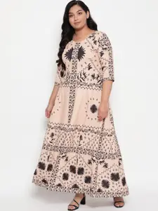 Amydus Women Plus Size Beige Ethnic Motifs Maxi Dress
