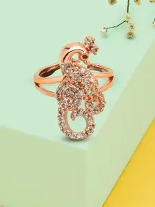 AMI Rose Gold-Plated White Cubic Zirconia Studded Peacock Shaped Finger Ring