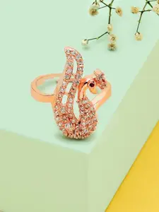 AMI Rose-Gold-Plated White CZ-Studded  Peacock Inspired Contemporary Adjustable Finger Ring