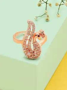 AMI Rose-Gold-Plated White CZ-Studded  Peacock Inspired Contemporary Adjustable Finger Ring