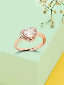 AMI Rose Gold-Plated White Cubic Zirconia Studded Heart Shape Contemporary Adjustable Finger Ring