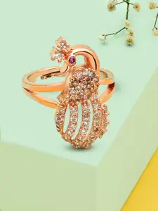 AMI Rose Gold-Plated Cubic Zirconia-Studded Peacock Inspired Adjustable Finger Ring