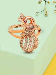 AMI Rose Gold-Plated Cubic Zirconia-Studded Peacock Inspired Adjustable Finger Ring