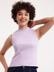FableStreet Women Purple High Neck Pure Cotton T-shirt