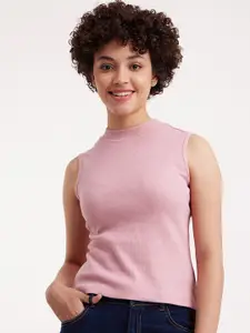 FableStreet Women Pink Pure Cotton Sleeveless Rib T-shirt