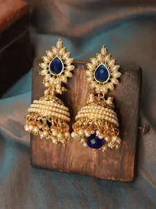 ANIKAS CREATION Gold-Plated & Blue Stone & Pearl Contemporary Jhumkas Earrings