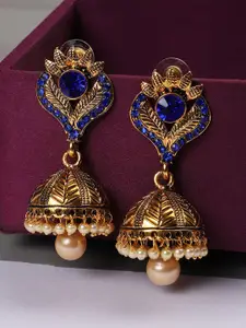 ANIKAS CREATION Blue & Gold Plated Contemporary Jhumkas Earrings