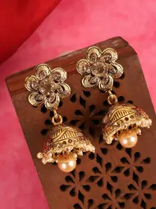 ANIKAS CREATION Gold-Plated Stone and Pearl  Contemporary Jhumkas Earrings