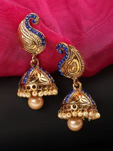 ANIKAS CREATION Blue & Gold-Plated Contemporary Jhumkas Earrings