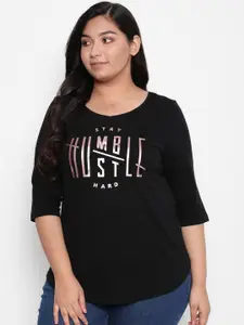Amydus Women Plus Size Black & Golden Typography Printed T-shirt
