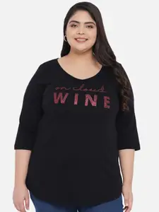 Amydus Women Plus Size Black Typography Printed Cotton T-shirt