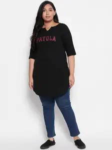 Amydus Women Plus Size Black Typography Printed Cotton T-shirt