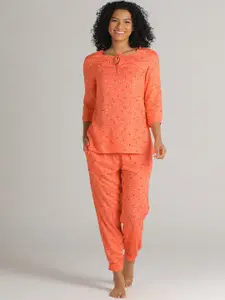 evolove Women Orange & Blue Printed Night suit