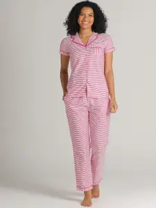evolove Women Fuchsia Pink & White Printed Pure Cotton Night suit