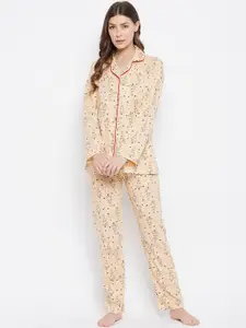 Camey Women Beige & Red Printed Pure Cotton Night suit