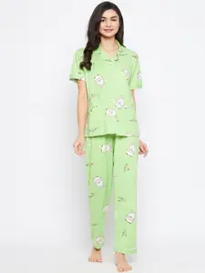 Camey Women Green & White Printed Night suit