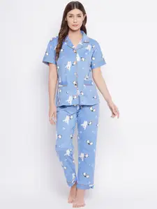 Camey Women Blue & White Printed Night suit