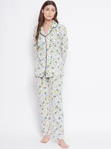 Camey Women White & Blue Printed Pure Cotton Night suit