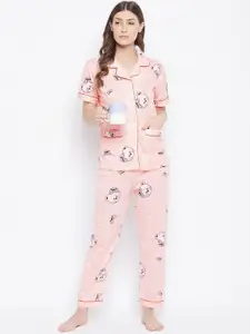 Camey Women Pink & White Printed Night suit