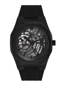 GIO COLLECTION Men Grey Skeleton Dial & Black Straps Analogue Automatic Motion Powered Watch