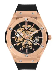 GIO COLLECTION Men Rose Gold-Toned Skeleton Dial & Black Straps Analogue Automatic Motion Powered Watch