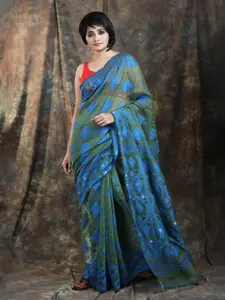 Arhi Olive Green & Blue Woven Design Silk Cotton Jamdani Saree