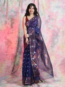 Arhi Blue & Copper-Toned Zari Silk Cotton Jamdani Saree