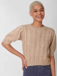 FOREVER 21 Women Beige & White Cable Knit Pullover with Embellished Detail