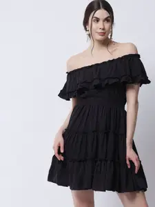 MARC LOUIS Black Off-Shoulder Ruffled Crepe Mini Dress