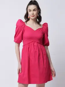 MARC LOUIS Women Pink Solid Sweetheart Neck Cotton Fit & Flare Dress