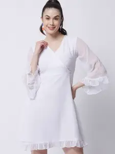MARC LOUIS White Self Design Bell Sleeves Georgette Dress