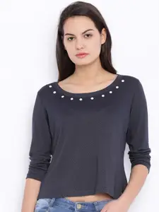 Campus Sutra Navy Printed Pure Cotton Top